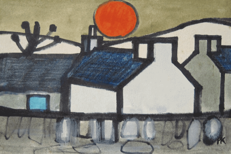 Blue Door and Red Sun painting by Percy Kelly